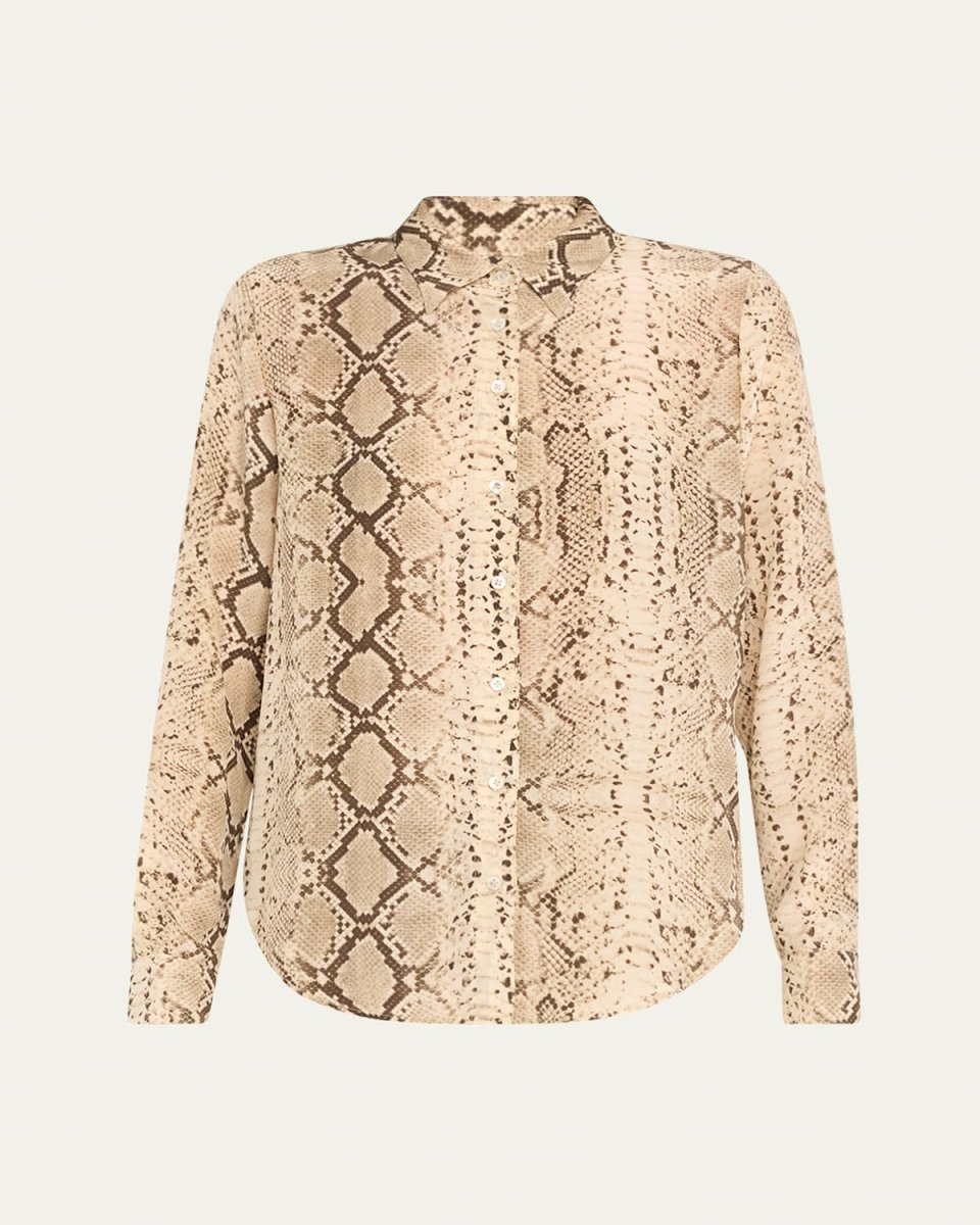 Snake Fitted Button-Front Silk Shirt